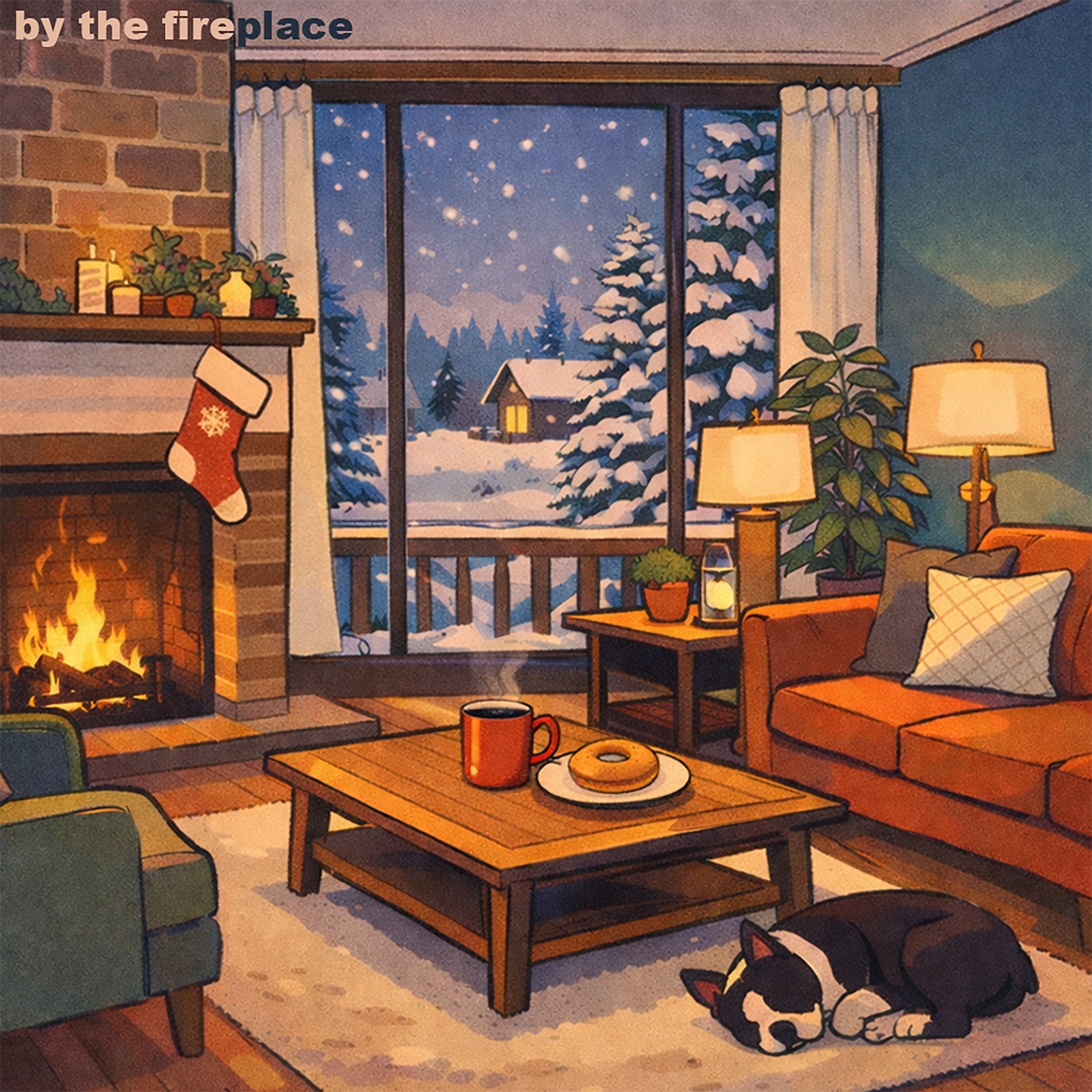 by the fireplace